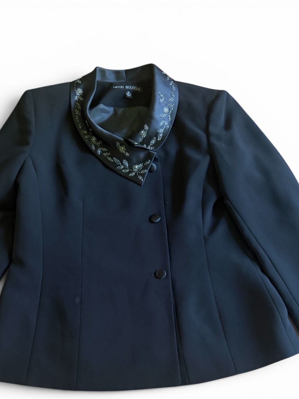 Nipon Boutique Black Satin-Trim Embellished Blazer. Size 12